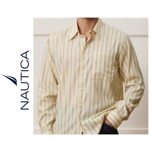 Nautica Men’s Small Yellow Blue Vertical Striped Button Down Shirt Cotton